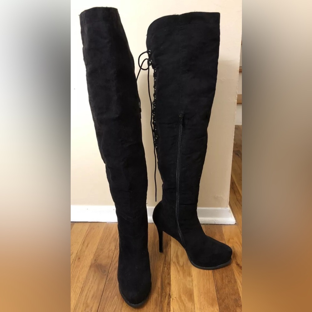 TWO LIPS Hex black faux suede leather over the knee lace up heels boots 7.5